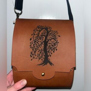 Hand crafted wood and leather BOHO tree of life crossbody purse